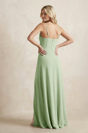 Spaghetti Straps Sheath Satin Bridesmaid Dress With Slit in Sage - KISS BRIDAL Bridesmaid Dresses