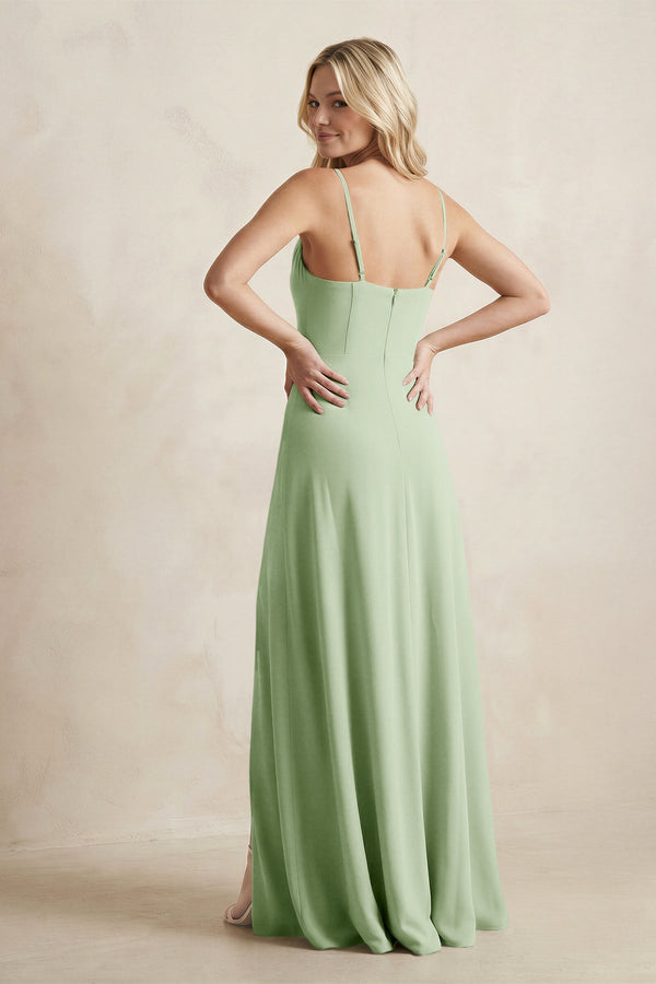 Spaghetti Straps Sheath Satin Bridesmaid Dress With Slit in Sage - KISS BRIDAL Bridesmaid Dresses