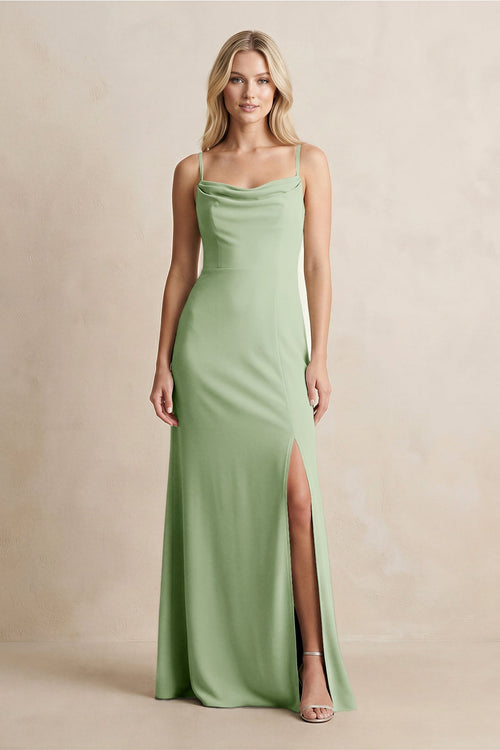 Spaghetti Straps Sheath Satin Bridesmaid Dress With Slit in Sage - KISS BRIDAL Bridesmaid Dresses