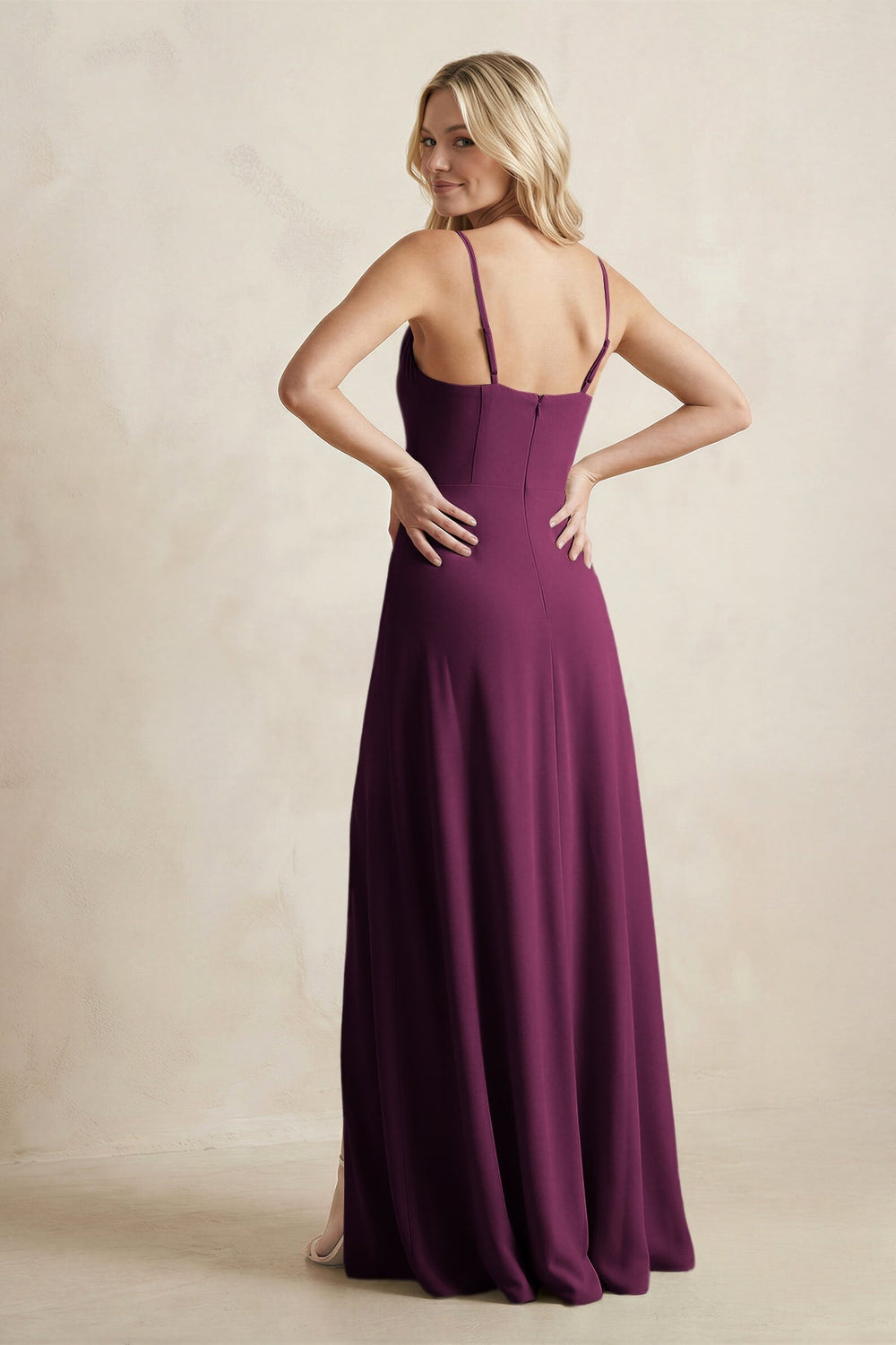 Spaghetti Straps Sheath Satin Bridesmaid Dress With Slit in Sangria - KISS BRIDAL Bridesmaid Dresses