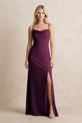 Spaghetti Straps Sheath Satin Bridesmaid Dress With Slit in Sangria - KISS BRIDAL Bridesmaid Dresses