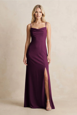 Spaghetti Straps Sheath Satin Bridesmaid Dress With Slit in Sangria - KISS BRIDAL Bridesmaid Dresses