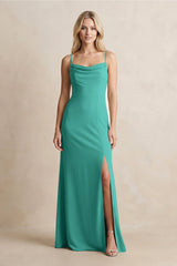 Spaghetti Straps Sheath Satin Bridesmaid Dress With Slit in Sea Glass - KISS BRIDAL Bridesmaid Dresses