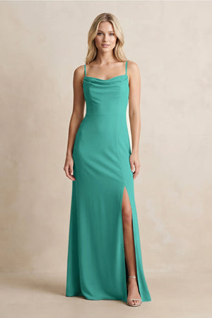Spaghetti Straps Sheath Satin Bridesmaid Dress With Slit in Sea Glass - KISS BRIDAL Bridesmaid Dresses