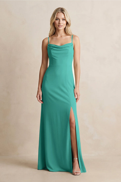 Spaghetti Straps Sheath Satin Bridesmaid Dress With Slit in Sea Glass - KISS BRIDAL Bridesmaid Dresses