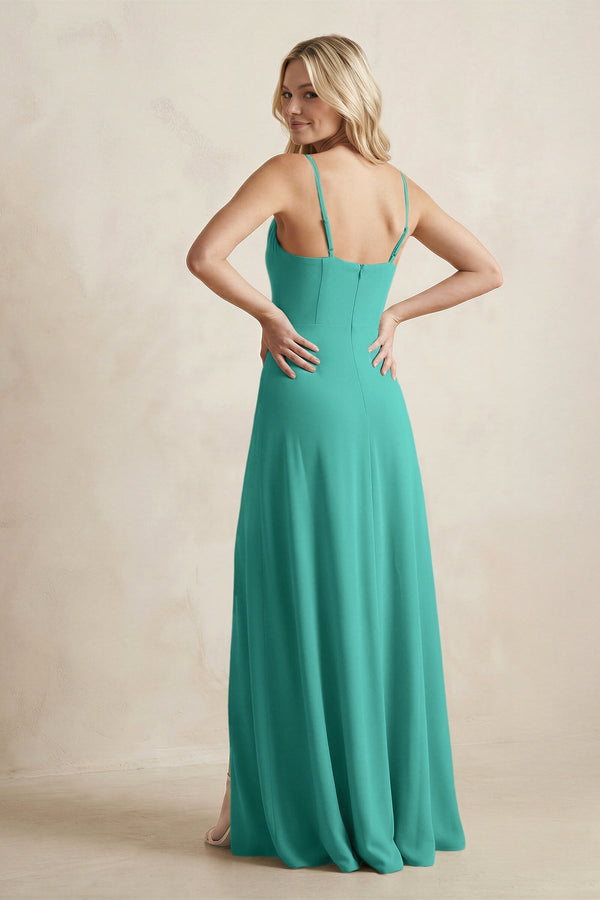 Spaghetti Straps Sheath Satin Bridesmaid Dress With Slit in Sea Glass - KISS BRIDAL Bridesmaid Dresses