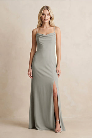 Spaghetti Straps Sheath Satin Bridesmaid Dress With Slit in Silver - KISS BRIDAL Bridesmaid Dresses