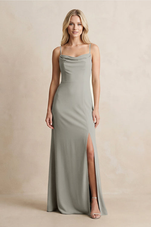 Spaghetti Straps Sheath Satin Bridesmaid Dress With Slit in Silver - KISS BRIDAL Bridesmaid Dresses