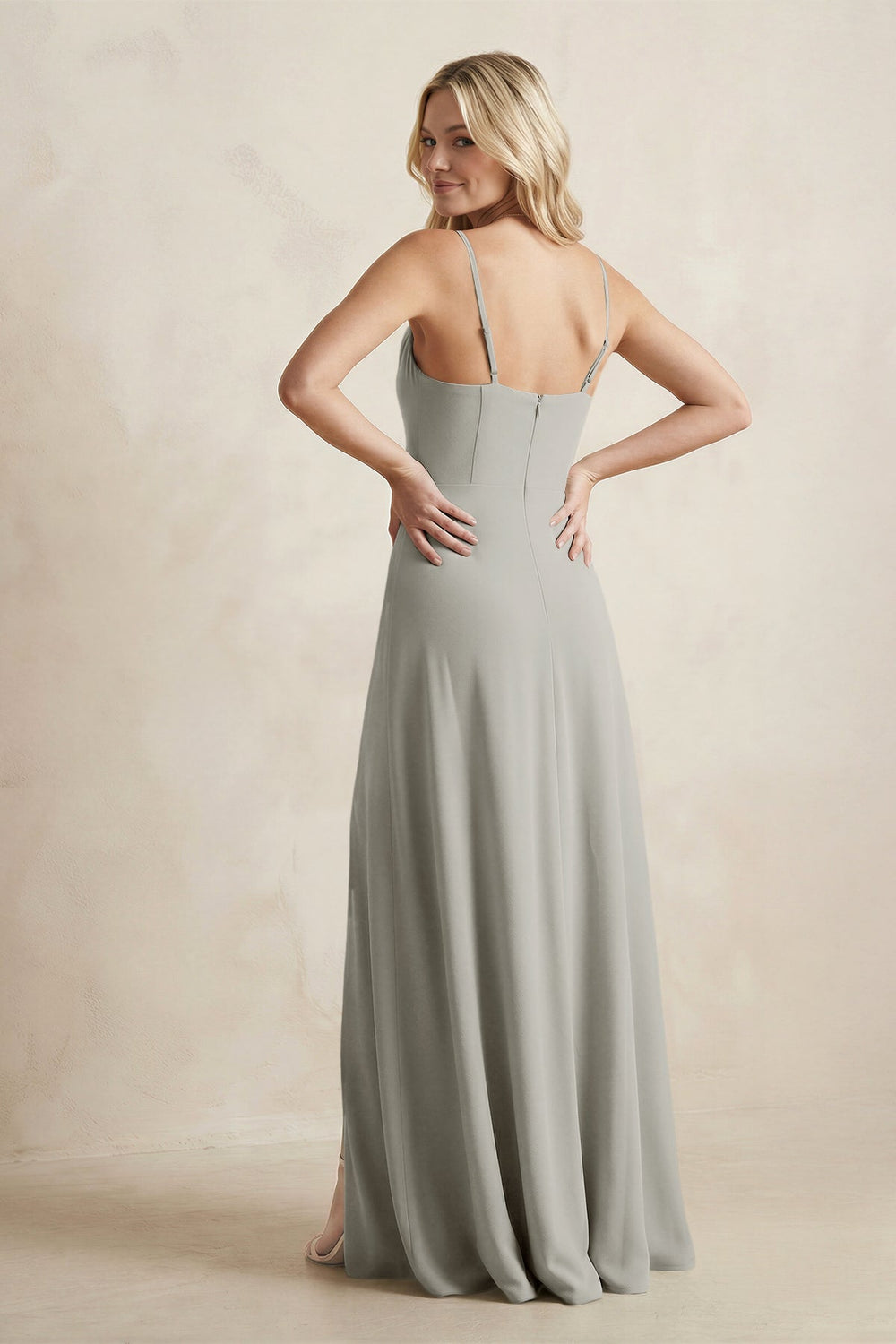 Spaghetti Straps Sheath Satin Bridesmaid Dress With Slit in Silver - KISS BRIDAL Bridesmaid Dresses