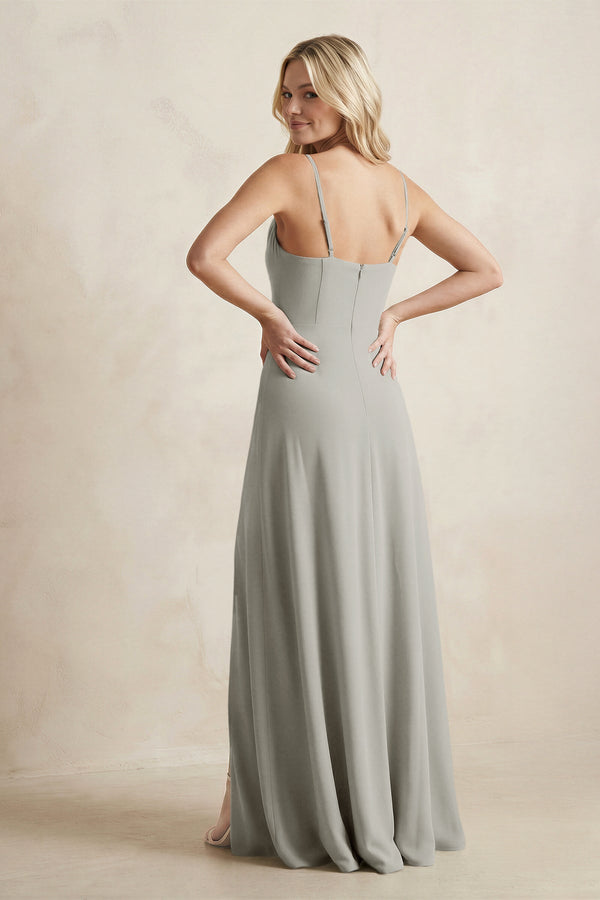 Spaghetti Straps Sheath Satin Bridesmaid Dress With Slit in Silver - KISS BRIDAL Bridesmaid Dresses