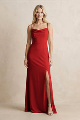 Spaghetti Straps Sheath Satin Bridesmaid Dress With Slit in Spice - KISS BRIDAL Bridesmaid Dresses