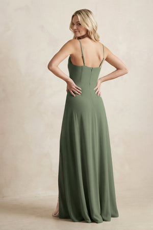 Spaghetti Straps Sheath Satin Bridesmaid Dress With Slit in Thyme - KISS BRIDAL Bridesmaid Dresses