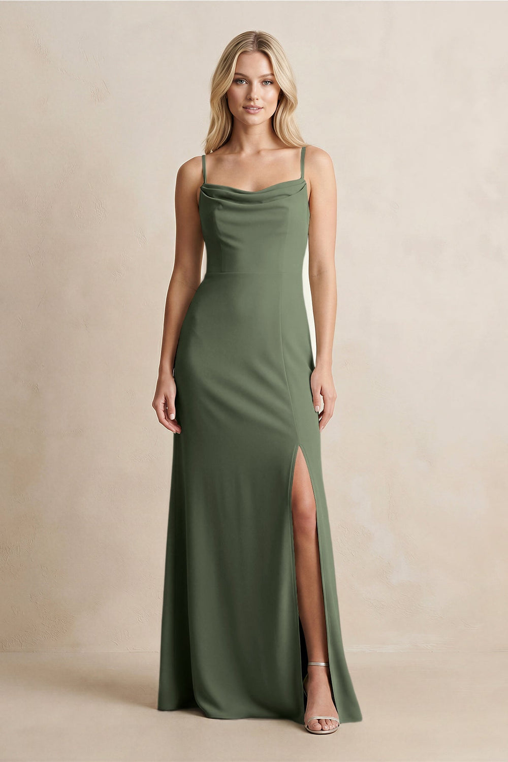 Spaghetti Straps Sheath Satin Bridesmaid Dress With Slit in Thyme - KISS BRIDAL Bridesmaid Dresses