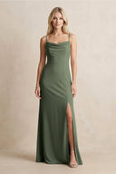 Spaghetti Straps Sheath Satin Bridesmaid Dress With Slit in Thyme - KISS BRIDAL Bridesmaid Dresses