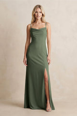 Spaghetti Straps Sheath Satin Bridesmaid Dress With Slit in Thyme - KISS BRIDAL Bridesmaid Dresses