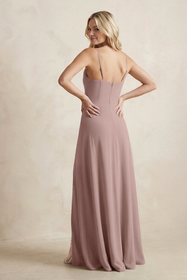 Spaghetti Straps Sheath Satin Bridesmaid Dress With Slit in Toffee - KISS BRIDAL Bridesmaid Dresses
