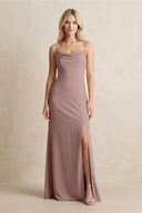 Spaghetti Straps Sheath Satin Bridesmaid Dress With Slit in Toffee - KISS BRIDAL Bridesmaid Dresses