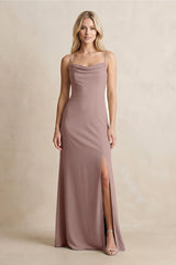 Spaghetti Straps Sheath Satin Bridesmaid Dress With Slit in Toffee - KISS BRIDAL Bridesmaid Dresses