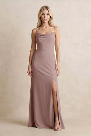 Spaghetti Straps Sheath Satin Bridesmaid Dress With Slit in Toffee - KISS BRIDAL Bridesmaid Dresses
