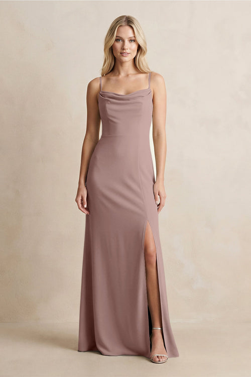 Spaghetti Straps Sheath Satin Bridesmaid Dress With Slit in Toffee - KISS BRIDAL Bridesmaid Dresses