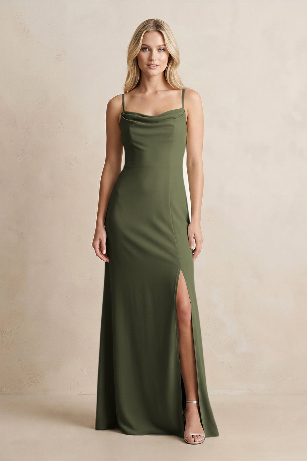 Spaghetti Straps Sheath Satin Bridesmaid Dress With Slit in Willow Green - KISS BRIDAL Bridesmaid Dresses