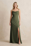 Spaghetti Straps Sheath Satin Bridesmaid Dress With Slit in Willow Green - KISS BRIDAL Bridesmaid Dresses