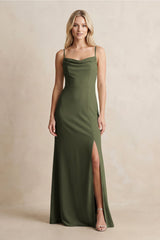 Spaghetti Straps Sheath Satin Bridesmaid Dress With Slit in Willow Green - KISS BRIDAL Bridesmaid Dresses