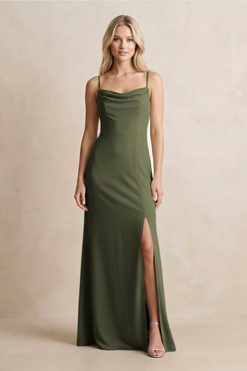Spaghetti Straps Sheath Satin Bridesmaid Dress With Slit in Willow Green - KISS BRIDAL Bridesmaid Dresses