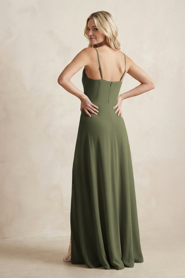 Spaghetti Straps Sheath Satin Bridesmaid Dress With Slit in Willow Green - KISS BRIDAL Bridesmaid Dresses