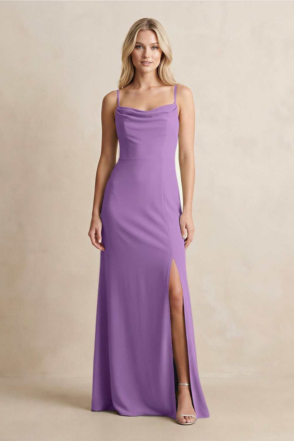 Spaghetti Straps Sheath Satin Bridesmaid Dress With Slit in Wisteria - KISS BRIDAL Bridesmaid Dresses