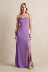Spaghetti Straps Sheath Satin Bridesmaid Dress With Slit in Wisteria - KISS BRIDAL Bridesmaid Dresses