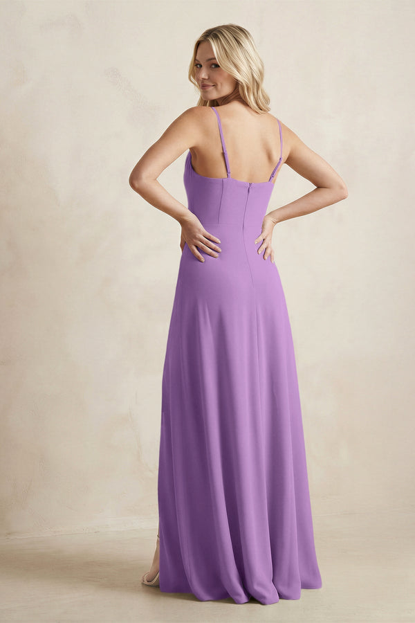 Spaghetti Straps Sheath Satin Bridesmaid Dress With Slit in Wisteria - KISS BRIDAL Bridesmaid Dresses