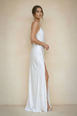 Spaghetti Straps Sheath Satin Wedding Dress With Slit in White - SHE IS ME Wedding Dresses