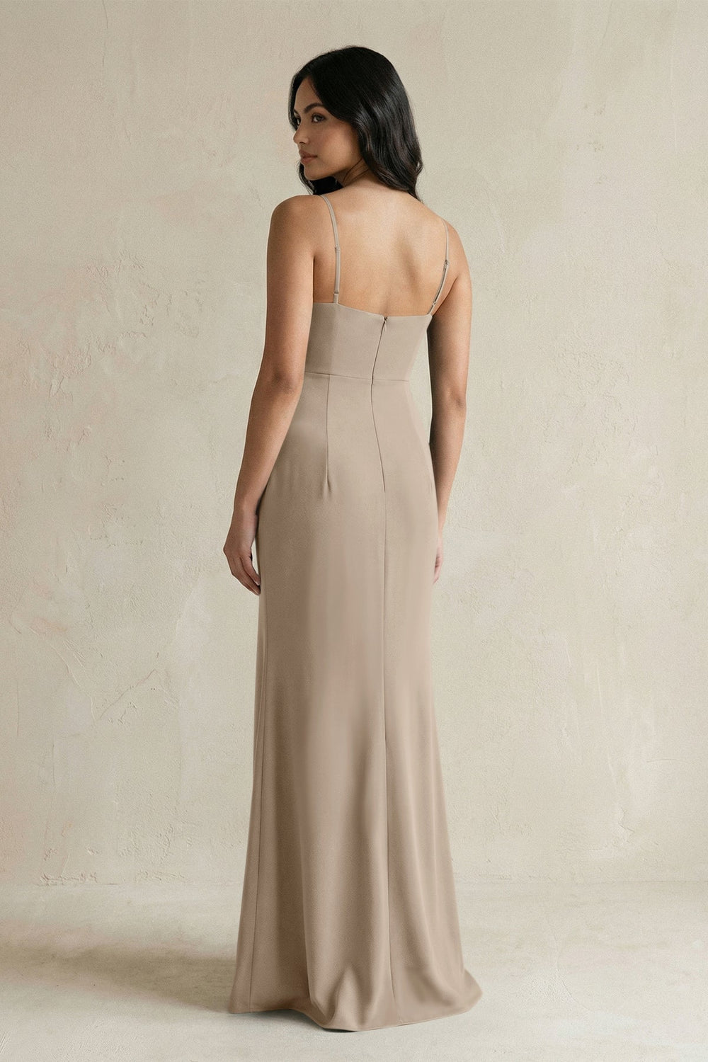 Spaghetti Straps Sheath Stain Bridesmaid Dress With Slit in Almond - KISS BRIDAL Bridesmaid Dresses