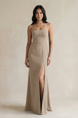 Spaghetti Straps Sheath Stain Bridesmaid Dress With Slit in Almond - KISS BRIDAL Bridesmaid Dresses