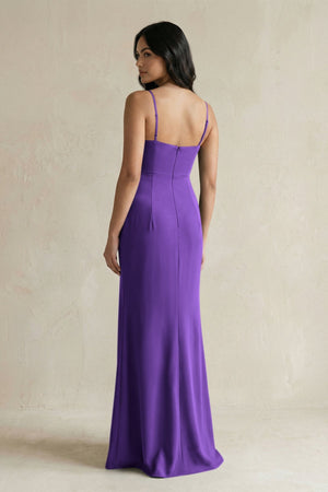 Spaghetti Straps Sheath Stain Bridesmaid Dress With Slit in Amethyst - KISS BRIDAL Bridesmaid Dresses