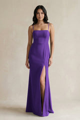Spaghetti Straps Sheath Stain Bridesmaid Dress With Slit in Amethyst - KISS BRIDAL Bridesmaid Dresses