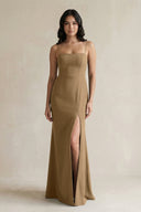 Spaghetti Straps Sheath Stain Bridesmaid Dress With Slit in Apple Cinnamon - KISS BRIDAL Bridesmaid Dresses