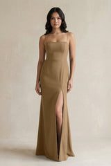 Spaghetti Straps Sheath Stain Bridesmaid Dress With Slit in Apple Cinnamon - KISS BRIDAL Bridesmaid Dresses