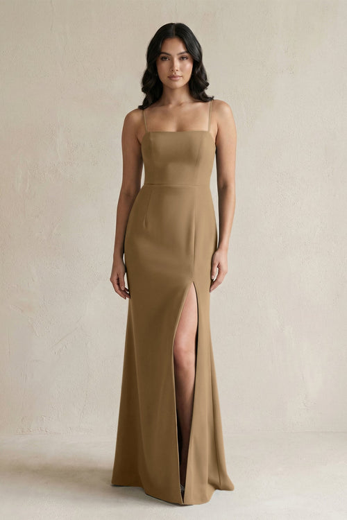 Spaghetti Straps Sheath Stain Bridesmaid Dress With Slit in Apple Cinnamon - KISS BRIDAL Bridesmaid Dresses