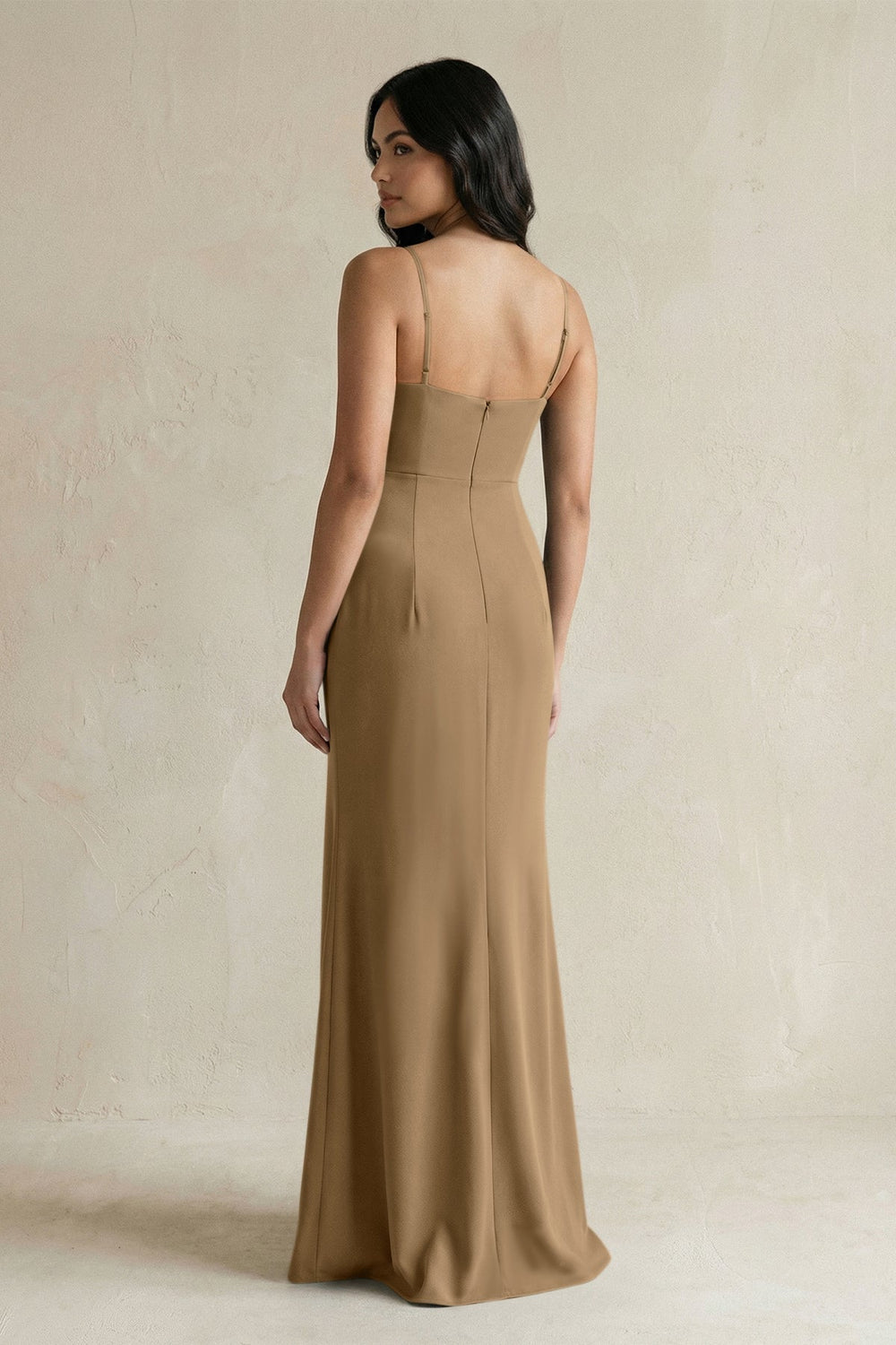 Spaghetti Straps Sheath Stain Bridesmaid Dress With Slit in Apple Cinnamon - KISS BRIDAL Bridesmaid Dresses