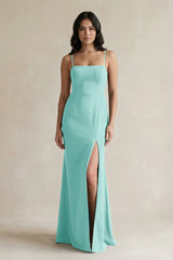 Spaghetti Straps Sheath Stain Bridesmaid Dress With Slit in Aqua - KISS BRIDAL Bridesmaid Dresses