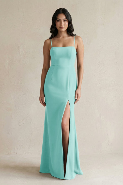 Spaghetti Straps Sheath Stain Bridesmaid Dress With Slit in Aqua - KISS BRIDAL Bridesmaid Dresses