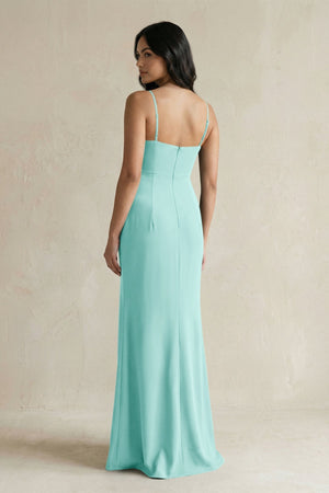Spaghetti Straps Sheath Stain Bridesmaid Dress With Slit in Aqua - KISS BRIDAL Bridesmaid Dresses
