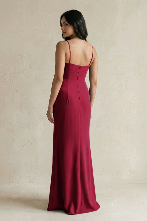 Spaghetti Straps Sheath Stain Bridesmaid Dress With Slit in Berry - KISS BRIDAL Bridesmaid Dresses