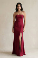 Spaghetti Straps Sheath Stain Bridesmaid Dress With Slit in Berry - KISS BRIDAL Bridesmaid Dresses