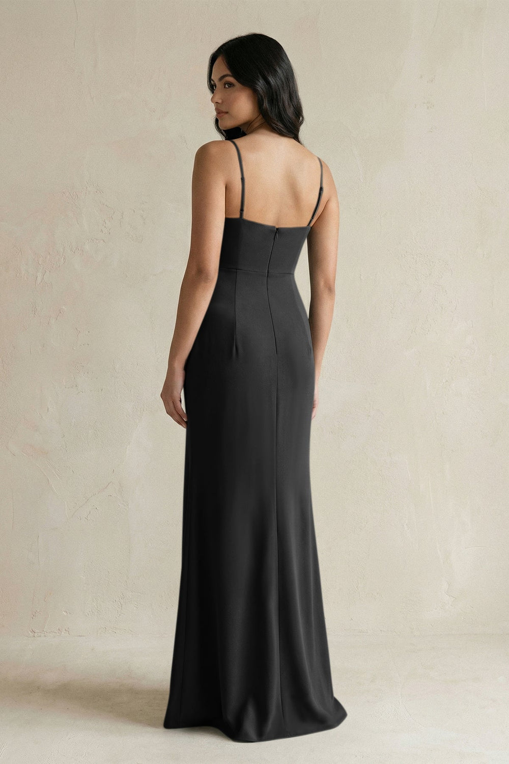 Spaghetti Straps Sheath Stain Bridesmaid Dress With Slit in Black - KISS BRIDAL Bridesmaid Dresses