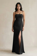 Spaghetti Straps Sheath Stain Bridesmaid Dress With Slit in Black - KISS BRIDAL Bridesmaid Dresses
