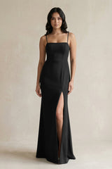 Spaghetti Straps Sheath Stain Bridesmaid Dress With Slit in Black - KISS BRIDAL Bridesmaid Dresses