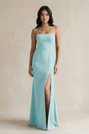 Spaghetti Straps Sheath Stain Bridesmaid Dress With Slit in Bleached Aqua - KISS BRIDAL Bridesmaid Dresses